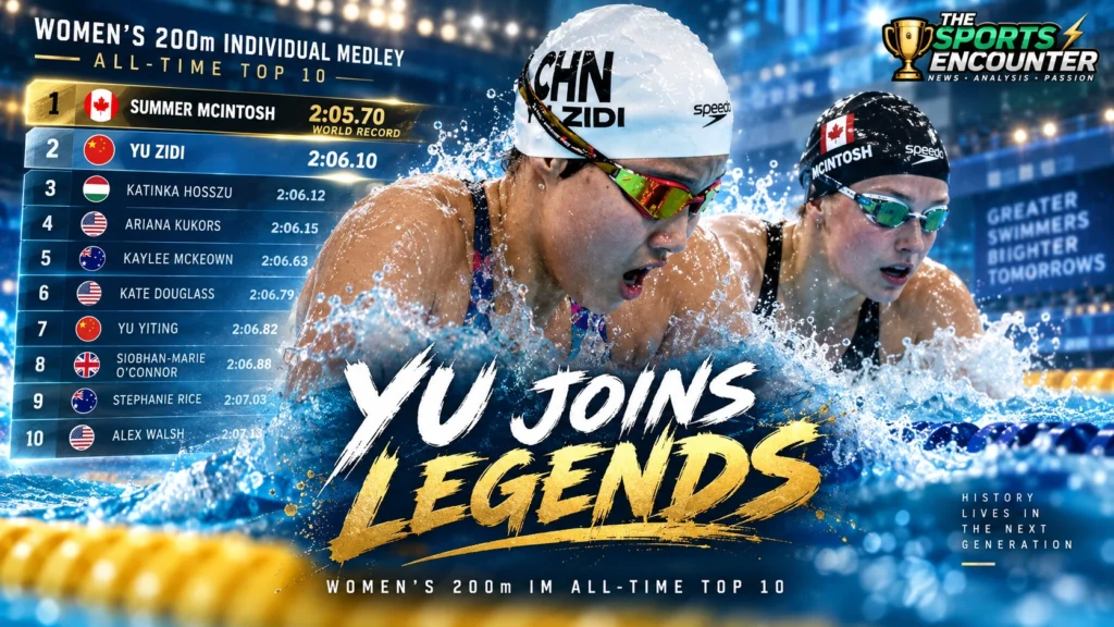 Yu Zidi alongside the all-time top 10 women’s 200m individual medley performers, led by world-record holder Summer McIntosh.