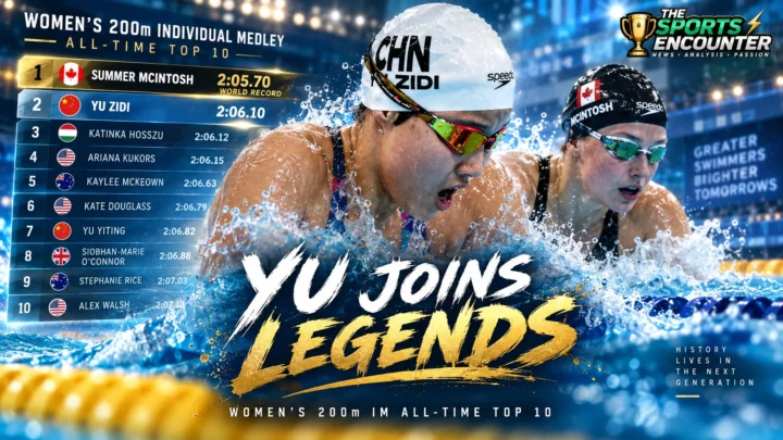 Yu Zidi alongside the all-time top 10 women’s 200m individual medley performers, led by world-record holder Summer McIntosh.