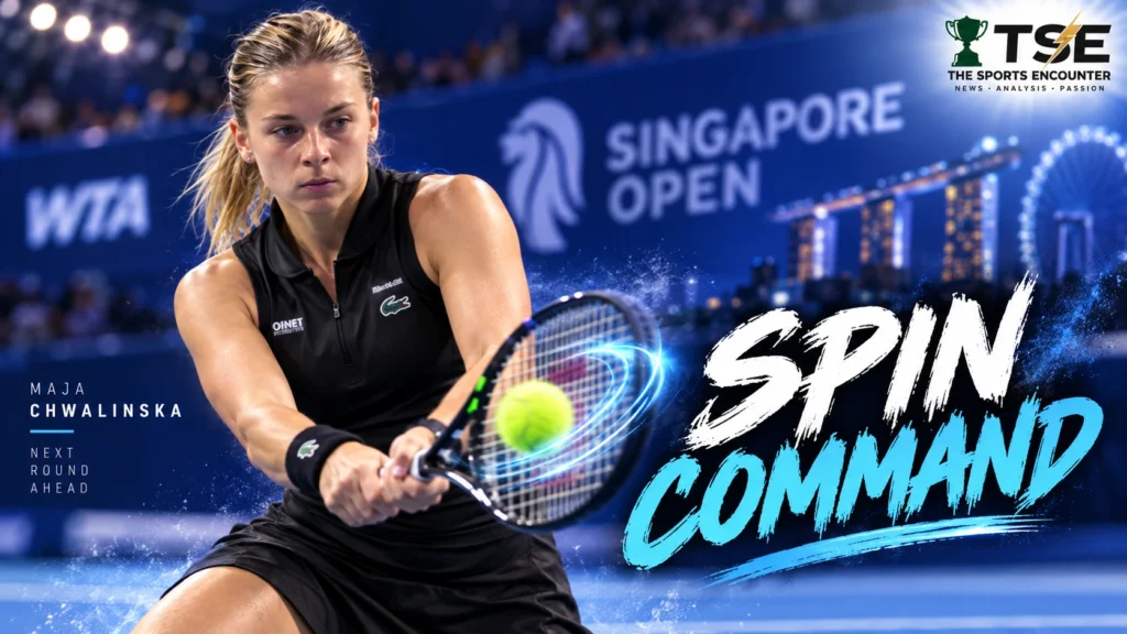 Maja Chwalinska strikes a return during her 6-4, 6-2 first-round victory over Rebecca Sramkova at the 2026 Singapore Tennis Open.