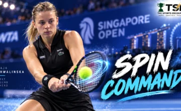 Maja Chwalinska strikes a return during her 6-4, 6-2 first-round victory over Rebecca Sramkova at the 2026 Singapore Tennis Open.