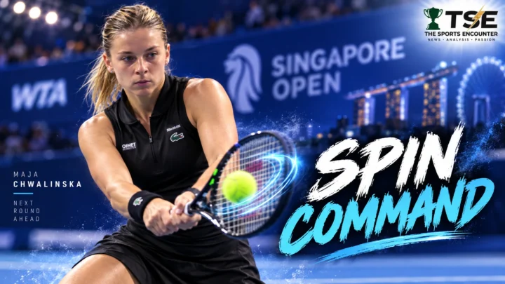 Maja Chwalinska strikes a return during her 6-4, 6-2 first-round victory over Rebecca Sramkova at the 2026 Singapore Tennis Open.