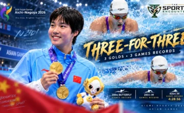 China’s Yu Zidi celebrates after winning the women’s 400m individual medley in 4:28.56 to complete three individual gold medals and three Asian Games records at age 13.