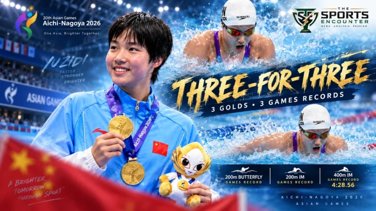 China’s Yu Zidi celebrates after winning the women’s 400m individual medley in 4:28.56 to complete three individual gold medals and three Asian Games records at age 13.