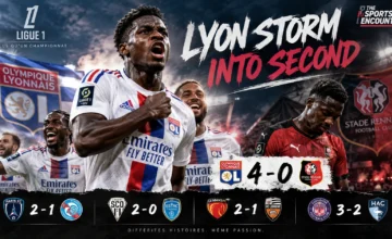 Ernest Nuamah celebrates with Lyon teammates after scoring twice in a 4-0 Ligue 1 win over Rennes, with Toulouse, Paris FC and Le Mans also winning on Saturday.