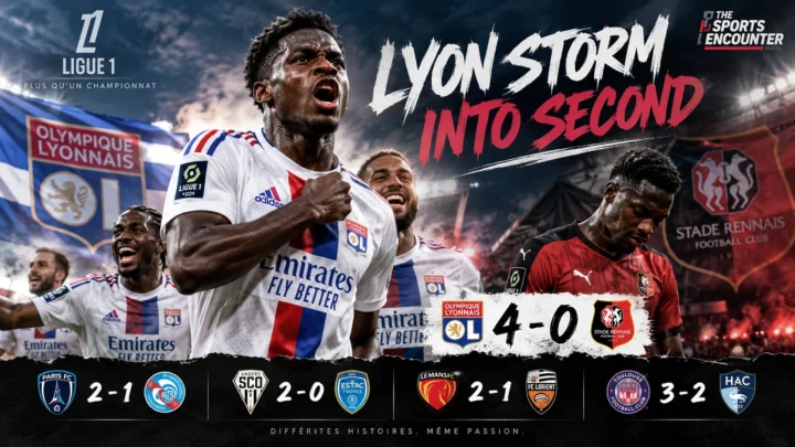 Ernest Nuamah celebrates with Lyon teammates after scoring twice in a 4-0 Ligue 1 win over Rennes, with Toulouse, Paris FC and Le Mans also winning on Saturday.
