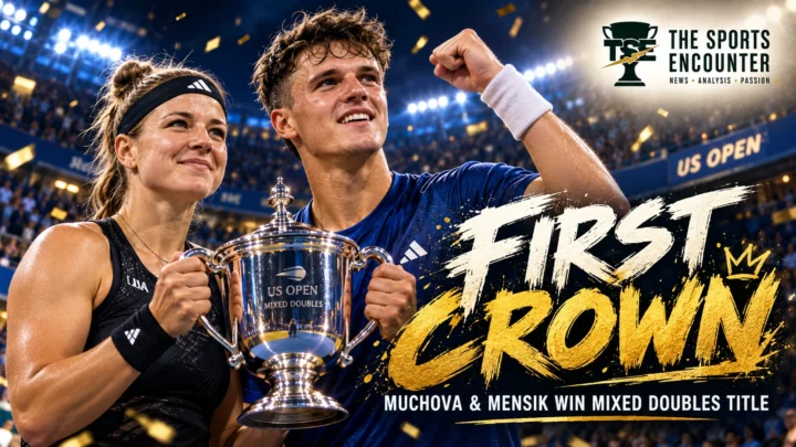 Karolina Muchova and Jakub Mensik celebrate their 2026 US Open mixed doubles title as qualifying continues in New York