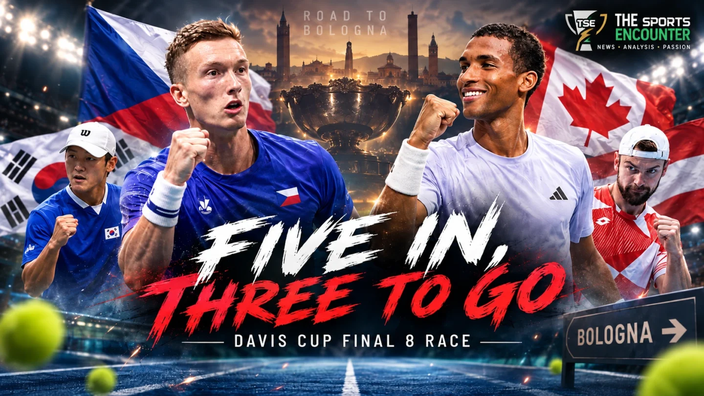 Jiri Lehecka and Felix Auger-Aliassime celebrate after helping Czechia and Canada qualify for the 2026 Davis Cup Final 8 in Bologna.