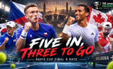 Jiri Lehecka and Felix Auger-Aliassime celebrate after helping Czechia and Canada qualify for the 2026 Davis Cup Final 8 in Bologna.