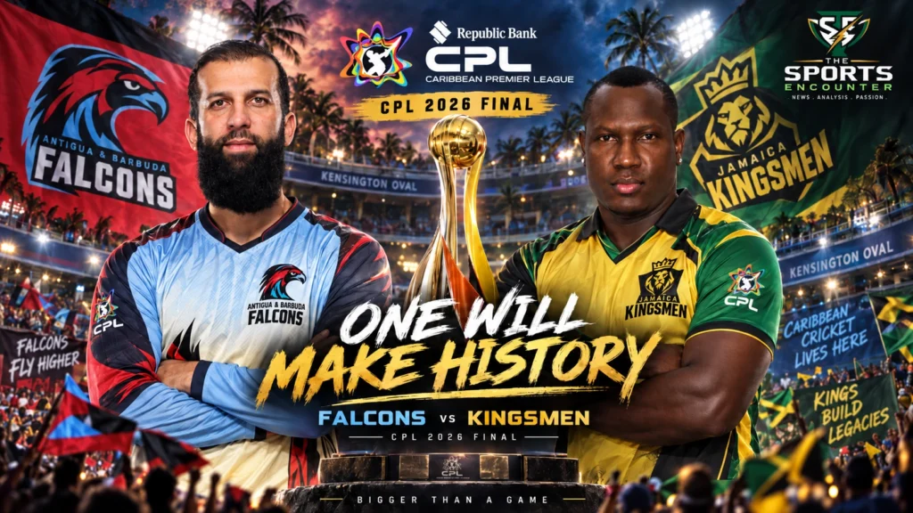 Jamaica Kingsmen captain Rovman Powell and Antigua and Barbuda Falcons captain Moeen Ali pose with the CPL trophy ahead of the 2026 final at Kensington Oval.