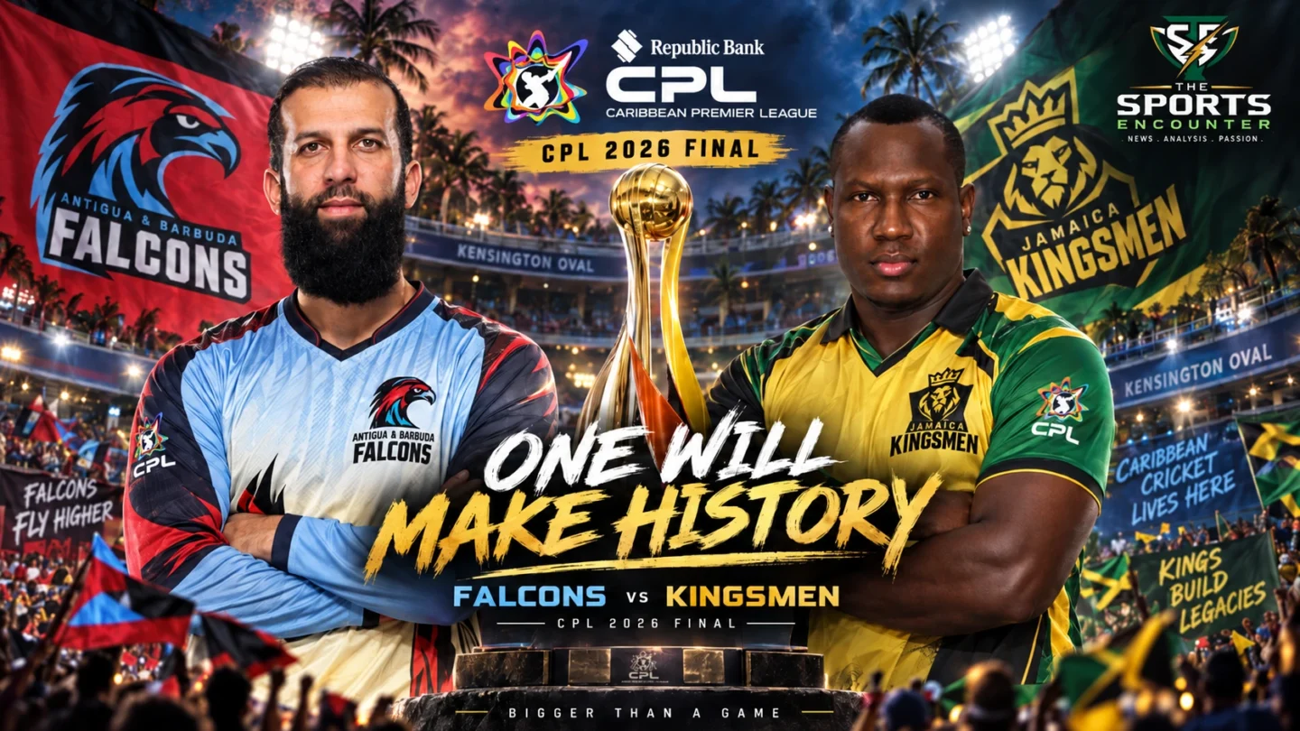 Jamaica Kingsmen captain Rovman Powell and Antigua and Barbuda Falcons captain Moeen Ali pose with the CPL trophy ahead of the 2026 final at Kensington Oval.