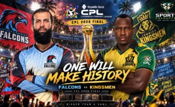Jamaica Kingsmen captain Rovman Powell and Antigua and Barbuda Falcons captain Moeen Ali pose with the CPL trophy ahead of the 2026 final at Kensington Oval.