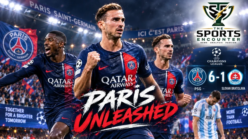 PSG players celebrate during their 6-1 Champions League victory over Slovan Bratislava at the Parc des Princes in Paris.