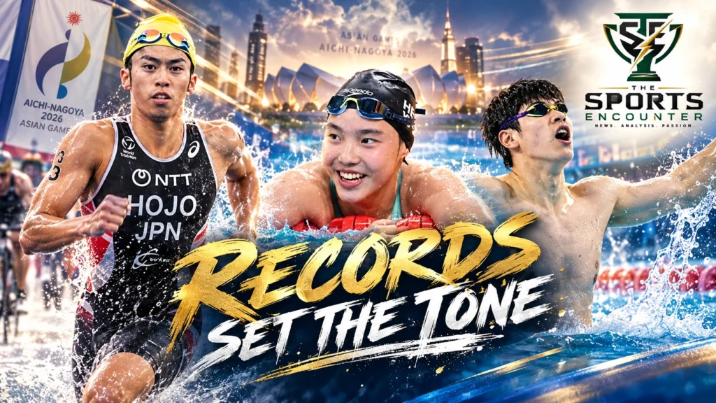 Yu Zidi, Takumi Hojo and Elavenil Valarivan feature in a montage of the first medal day at the Aichi-Nagoya 2026 Asian Games.