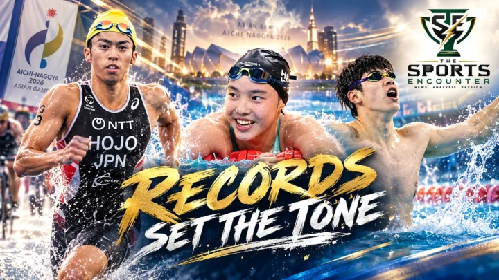 Yu Zidi, Takumi Hojo and Elavenil Valarivan feature in a montage of the first medal day at the Aichi-Nagoya 2026 Asian Games.