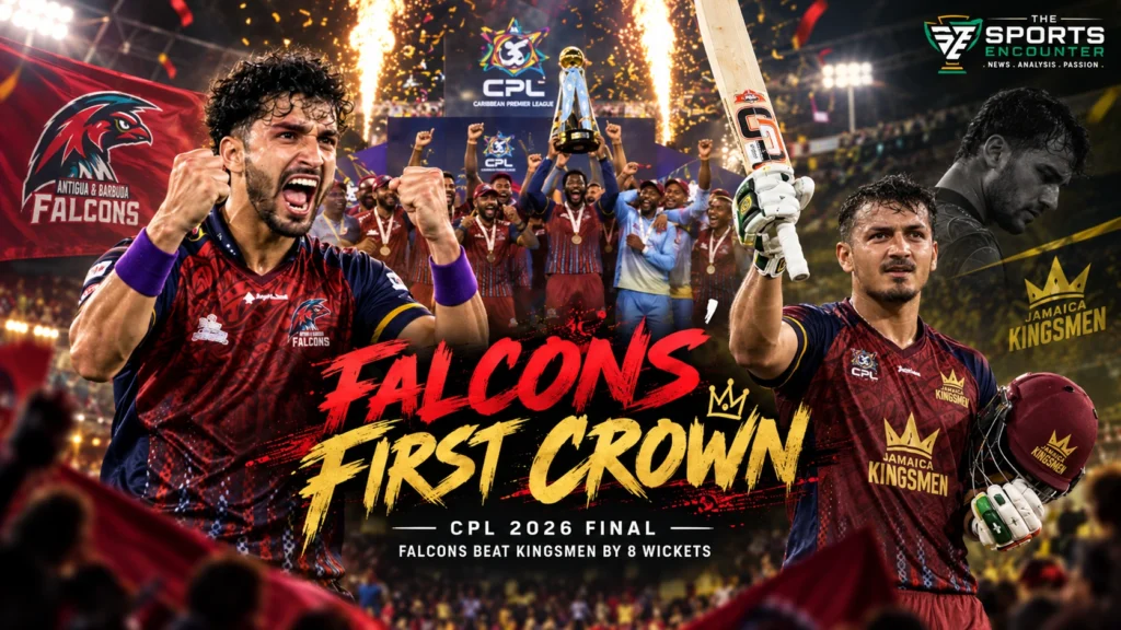 Antigua and Barbuda Falcons celebrate their first CPL championship after beating Jamaica Kingsmen by eight wickets in the 2026 final at Kensington Oval.