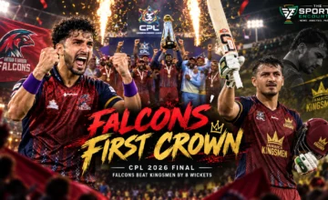 Antigua and Barbuda Falcons celebrate their first CPL championship after beating Jamaica Kingsmen by eight wickets in the 2026 final at Kensington Oval.
