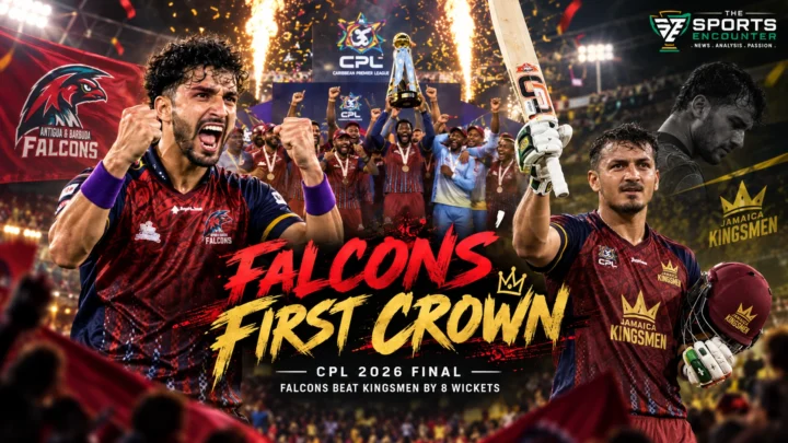 Antigua and Barbuda Falcons celebrate their first CPL championship after beating Jamaica Kingsmen by eight wickets in the 2026 final at Kensington Oval.