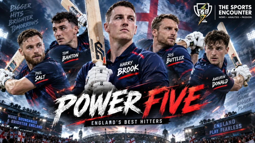 Harry Brook, Phil Salt, Jos Buttler, Tom Banton and Aneurin Donald represented as England’s leading white-ball power-hitters in a cinematic cricket stadium setting.