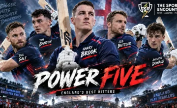 Harry Brook, Phil Salt, Jos Buttler, Tom Banton and Aneurin Donald represented as England’s leading white-ball power-hitters in a cinematic cricket stadium setting.