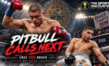 Isaac Pitbull Cruz celebrates after knocking out Nestor Bravo in the sixth round to retain his interim WBC super lightweight title in San Diego.