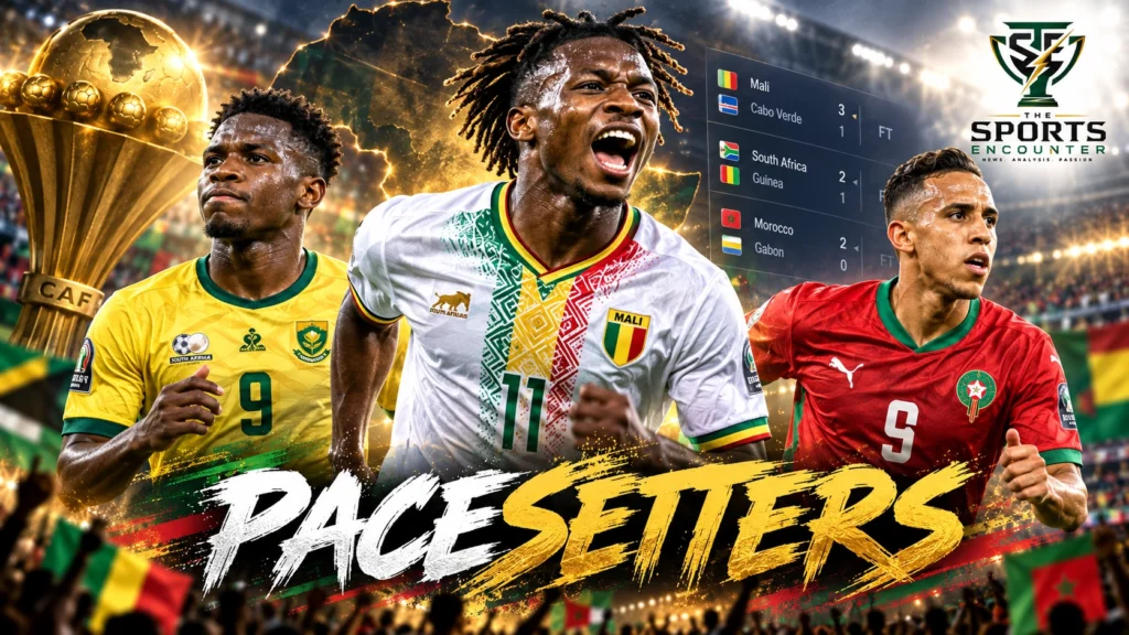 Nene Dorgeles celebrates for Mali alongside South Africa's Samukele Kabini and Morocco's Soufiane Rahimi after important AFCON 2027 qualifying results.