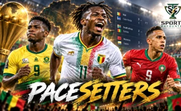 Nene Dorgeles celebrates for Mali alongside South Africa's Samukele Kabini and Morocco's Soufiane Rahimi after important AFCON 2027 qualifying results.