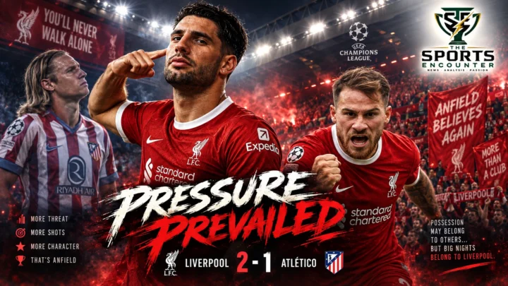Alexis Mac Allister and Dominik Szoboszlai celebrate as Liverpool beat Atlético Madrid 2-1 in the UEFA Champions League at Anfield.