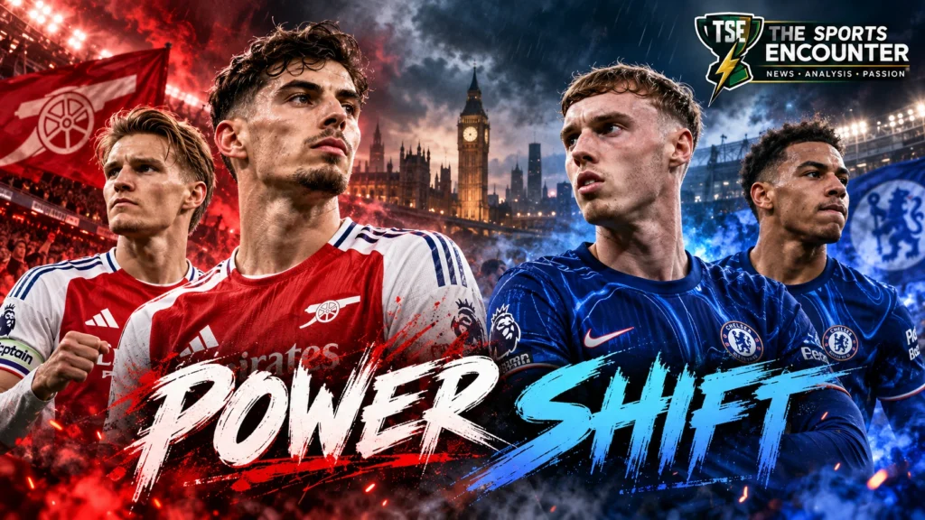 Arsenal and Chelsea players face off in a cinematic London derby image representing the rivalry's shift from Chelsea dominance to Arsenal control between 2016 and 2026.