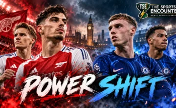 Arsenal and Chelsea players face off in a cinematic London derby image representing the rivalry's shift from Chelsea dominance to Arsenal control between 2016 and 2026.