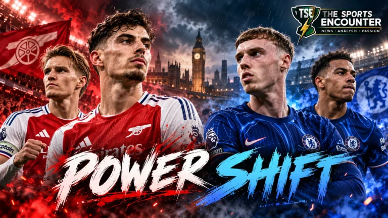 Arsenal and Chelsea players face off in a cinematic London derby image representing the rivalry's shift from Chelsea dominance to Arsenal control between 2016 and 2026.