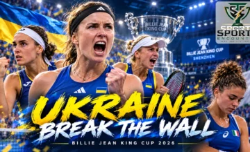 Ukraine players celebrate reaching their first Billie Jean King Cup final after eliminating defending champions Italy in Shenzhen, with Czechia waiting in the 2026 title match.