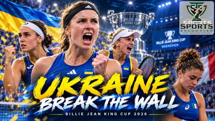 Ukraine players celebrate reaching their first Billie Jean King Cup final after eliminating defending champions Italy in Shenzhen, with Czechia waiting in the 2026 title match.