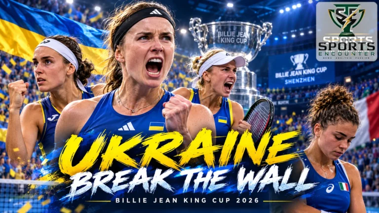 Ukraine players celebrate reaching their first Billie Jean King Cup final after eliminating defending champions Italy in Shenzhen, with Czechia waiting in the 2026 title match.