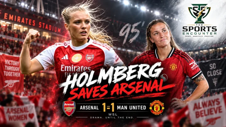 Smilla Holmberg celebrates her 95th-minute equalizer for Arsenal Women against Manchester United Women in a 1-1 WSL draw at Emirates Stadium.