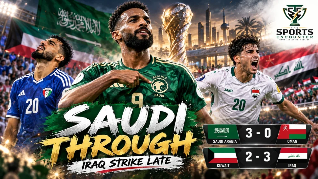 Feras Al Brikan celebrates Saudi Arabia’s 3-0 win over Oman as Iraq celebrate Karar Nabeel’s late Gulf Cup 27 winner against Kuwait.