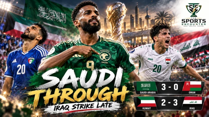 Feras Al Brikan celebrates Saudi Arabia’s 3-0 win over Oman as Iraq celebrate Karar Nabeel’s late Gulf Cup 27 winner against Kuwait.
