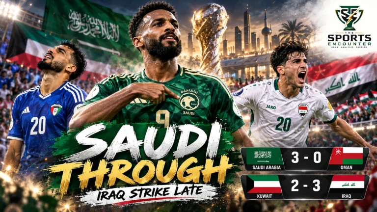 Feras Al Brikan celebrates Saudi Arabia’s 3-0 win over Oman as Iraq celebrate Karar Nabeel’s late Gulf Cup 27 winner against Kuwait.
