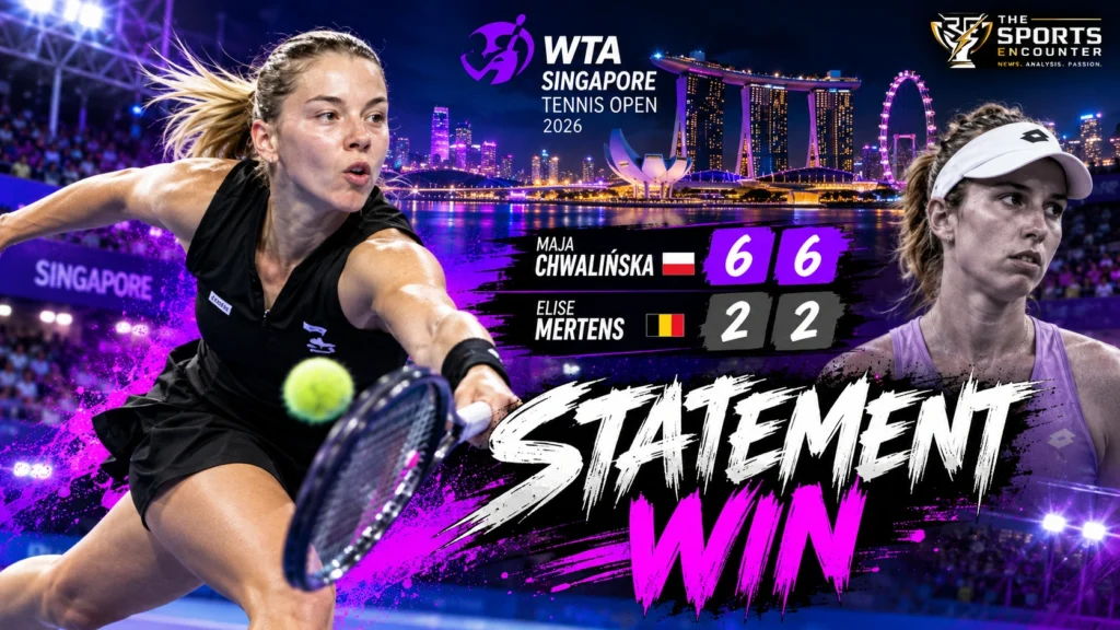 Maja Chwalinska celebrates during her 6-2, 6-2 quarterfinal victory over defending champion Elise Mertens at the 2026 Singapore Tennis Open.