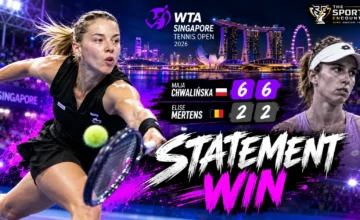 Maja Chwalinska celebrates during her 6-2, 6-2 quarterfinal victory over defending champion Elise Mertens at the 2026 Singapore Tennis Open.
