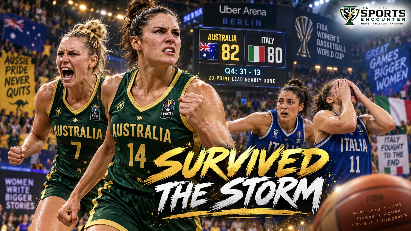 Australia hold off Italy 82-80 after a dramatic 31-point fourth-quarter comeback attempt at the FIBA Women’s Basketball World Cup 2026 in Berlin.