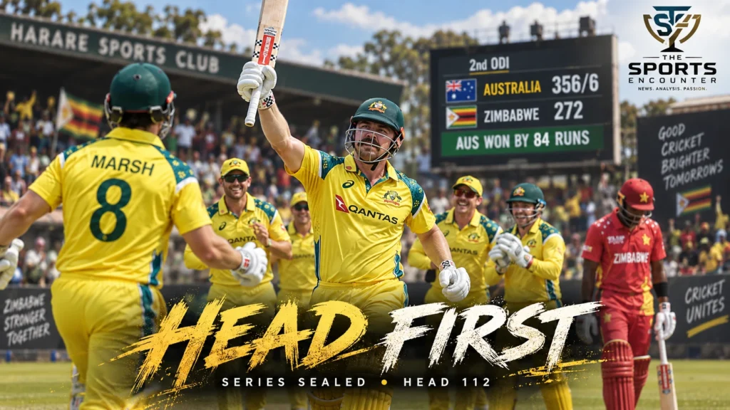 Travis Head celebrates his century for Australia against Zimbabwe during the second ODI at Harare Sports Club as Australia secure the series.