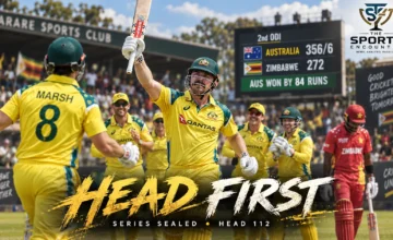 Travis Head celebrates his century for Australia against Zimbabwe during the second ODI at Harare Sports Club as Australia secure the series.