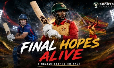 Namibia and Zimbabwe cricketers in action during Match 5 of the 2026 Africa T20I Tri-Series in Windhoek, where Zimbabwe won by five wickets to keep their final qualification hopes alive.