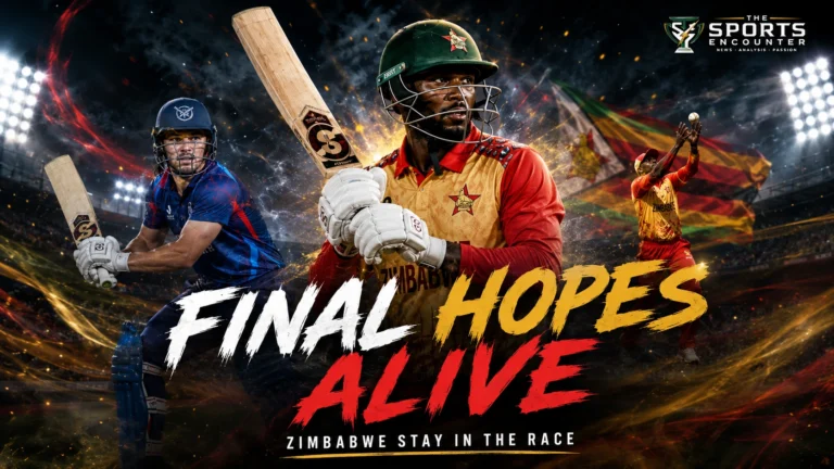 Namibia and Zimbabwe cricketers in action during Match 5 of the 2026 Africa T20I Tri-Series in Windhoek, where Zimbabwe won by five wickets to keep their final qualification hopes alive.