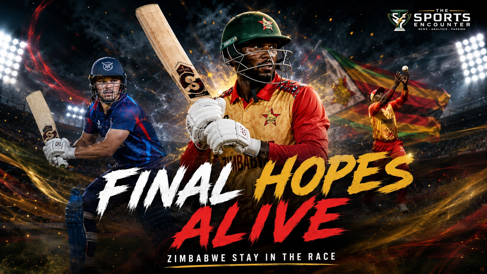 Namibia and Zimbabwe cricketers in action during Match 5 of the 2026 Africa T20I Tri-Series in Windhoek, where Zimbabwe won by five wickets to keep their final qualification hopes alive.