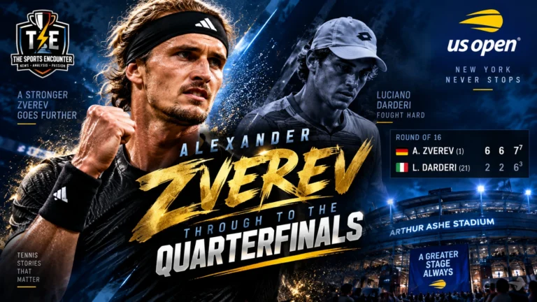 Alexander Zverev celebrates after defeating Luciano Darderi in straight sets to reach the US Open 2026 quarterfinals.