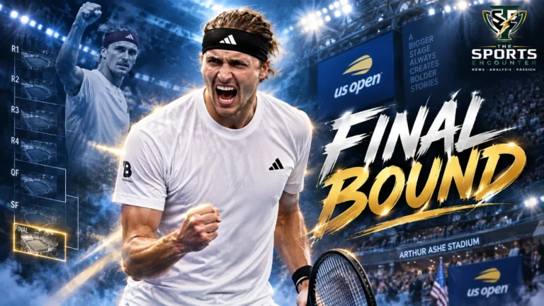 Alexander Zverev celebrates during his 2026 US Open run at Arthur Ashe Stadium, with a tournament-path graphic marking his road to the final.