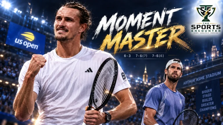Alexander Zverev celebrates after defeating Karen Khachanov in straight sets to reach the 2026 US Open final at Arthur Ashe Stadium.