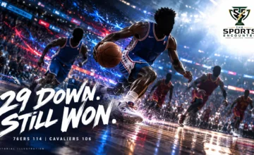 Cinematic editorial illustration of anonymous basketball players representing Philadelphia’s 29-point comeback to beat Cleveland 114-106