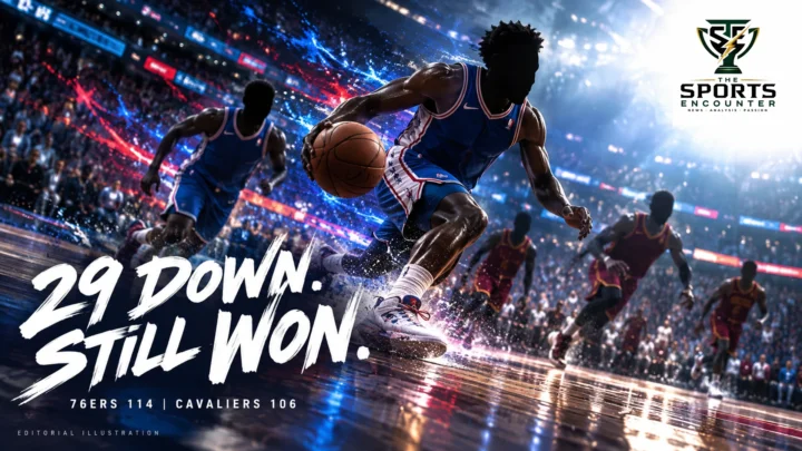 Cinematic editorial illustration of anonymous basketball players representing Philadelphia’s 29-point comeback to beat Cleveland 114-106